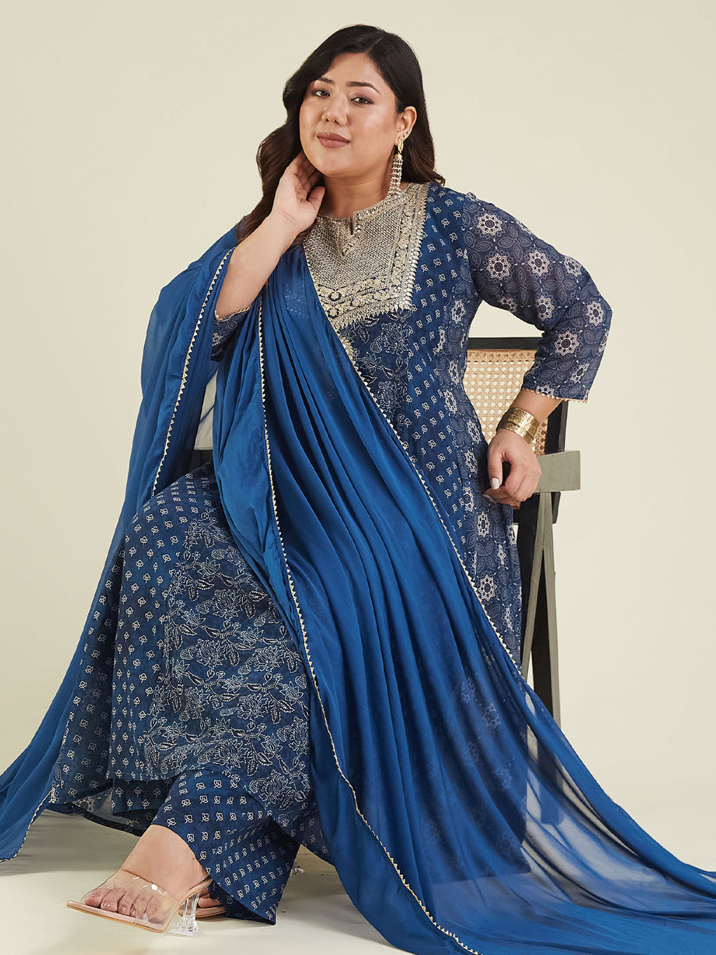 Janasya Women's Plus Size Dark Blue Georgette Ajrakh Printed Embellished Anarkali Kurta Set