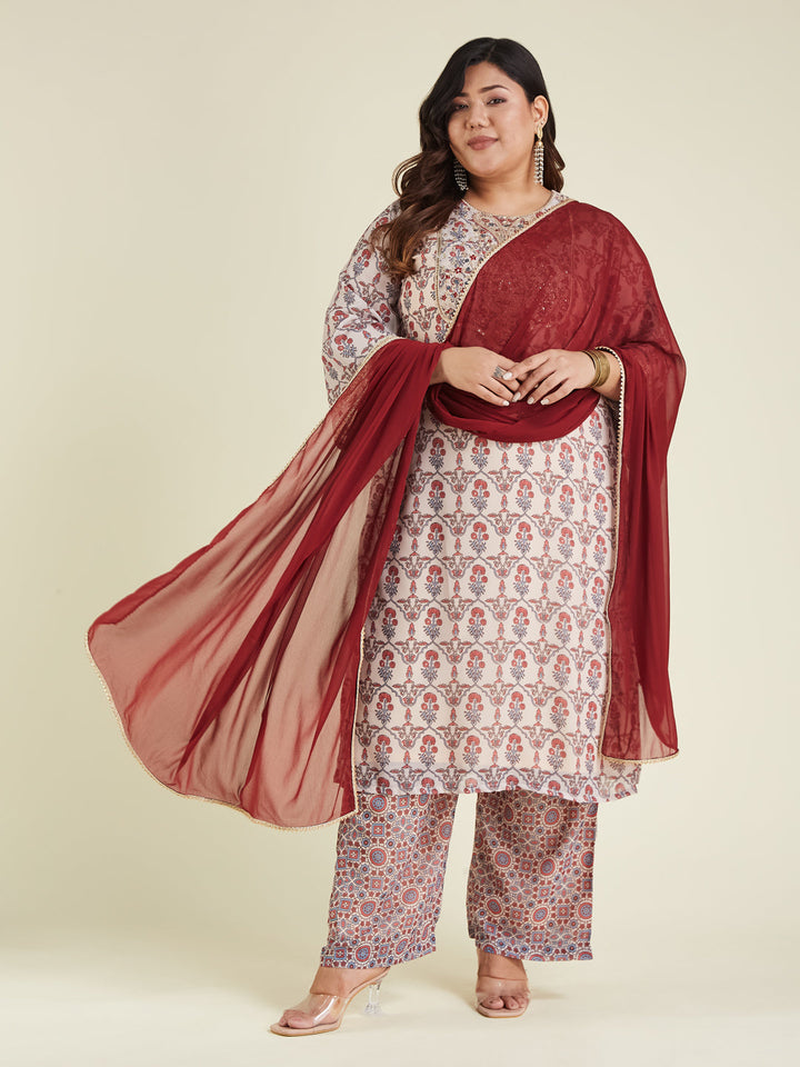 Janasya Women's Plus Size Cream & Maroon Georgette Embroidered Ajrakh Printed Straight Kurta Set - qivii