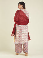 Janasya Women's Plus Size Cream & Maroon Georgette Embroidered Ajrakh Printed Straight Kurta Set