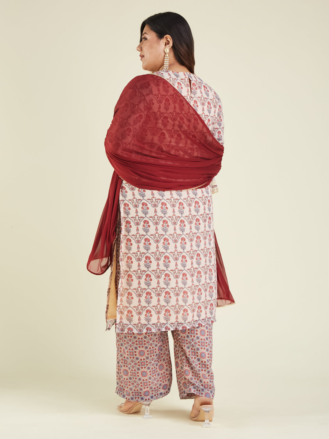 Janasya Women's Plus Size Cream & Maroon Georgette Embroidered Ajrakh Printed Straight Kurta Set