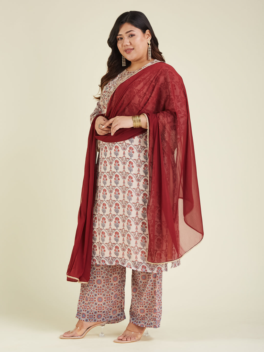 Janasya Women's Plus Size Cream & Maroon Georgette Embroidered Ajrakh Printed Straight Kurta Set - qivii