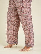 Janasya Women's Plus Size Cream & Maroon Georgette Embroidered Ajrakh Printed Straight Kurta Set