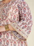 Janasya Women's Plus Size Cream & Maroon Georgette Embroidered Ajrakh Printed Straight Kurta Set