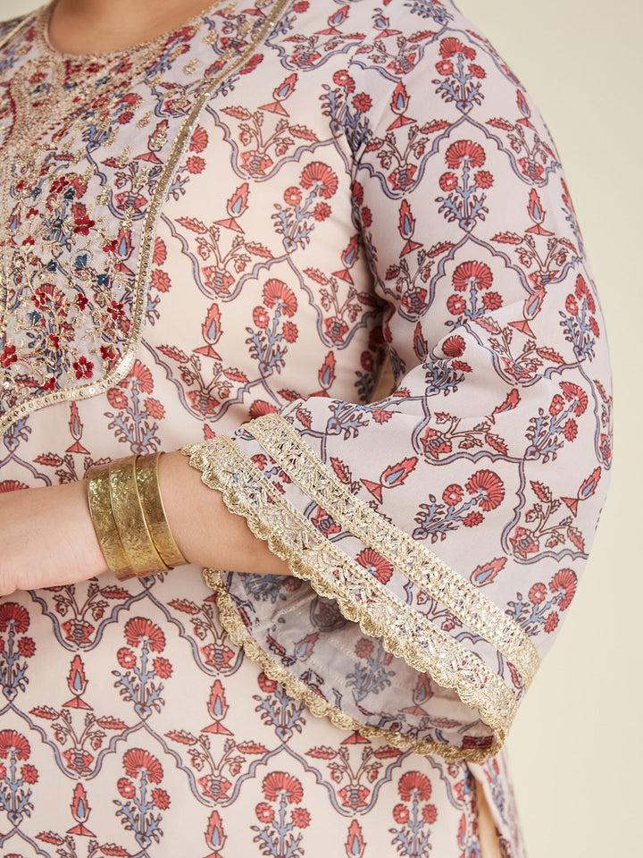 Janasya Women's Plus Size Cream & Maroon Georgette Embroidered Ajrakh Printed Straight Kurta Set - qivii