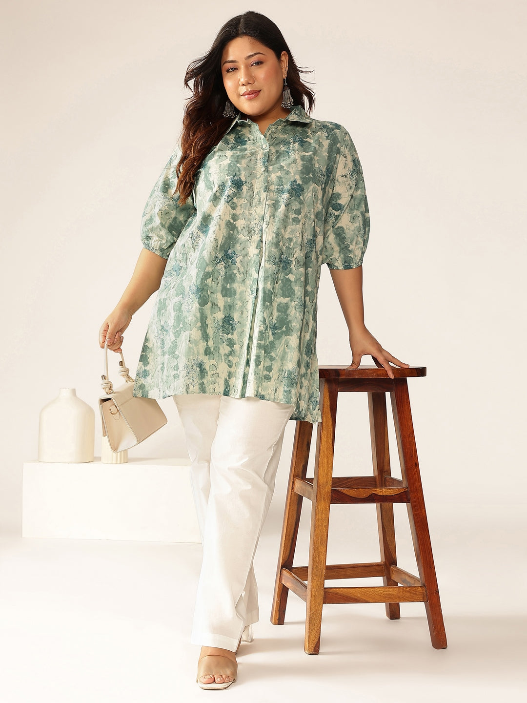 Plus Size Aqua Pure Cotton Tie & Dye A-line Tunic - qivii