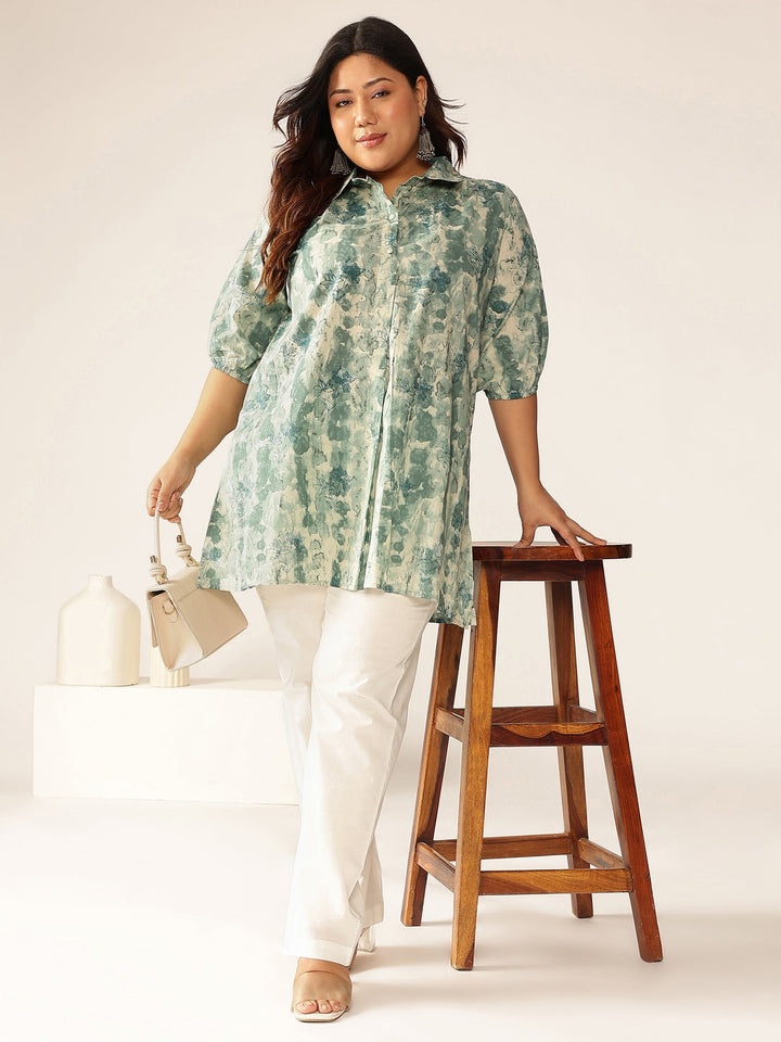 Plus Size Aqua Pure Cotton Tie & Dye A-line Tunic - qivii
