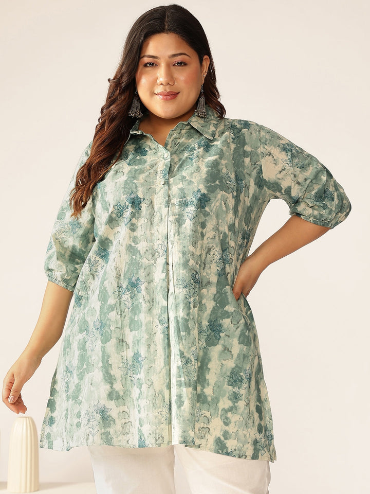 Plus Size Aqua Pure Cotton Tie & Dye A-line Tunic - qivii