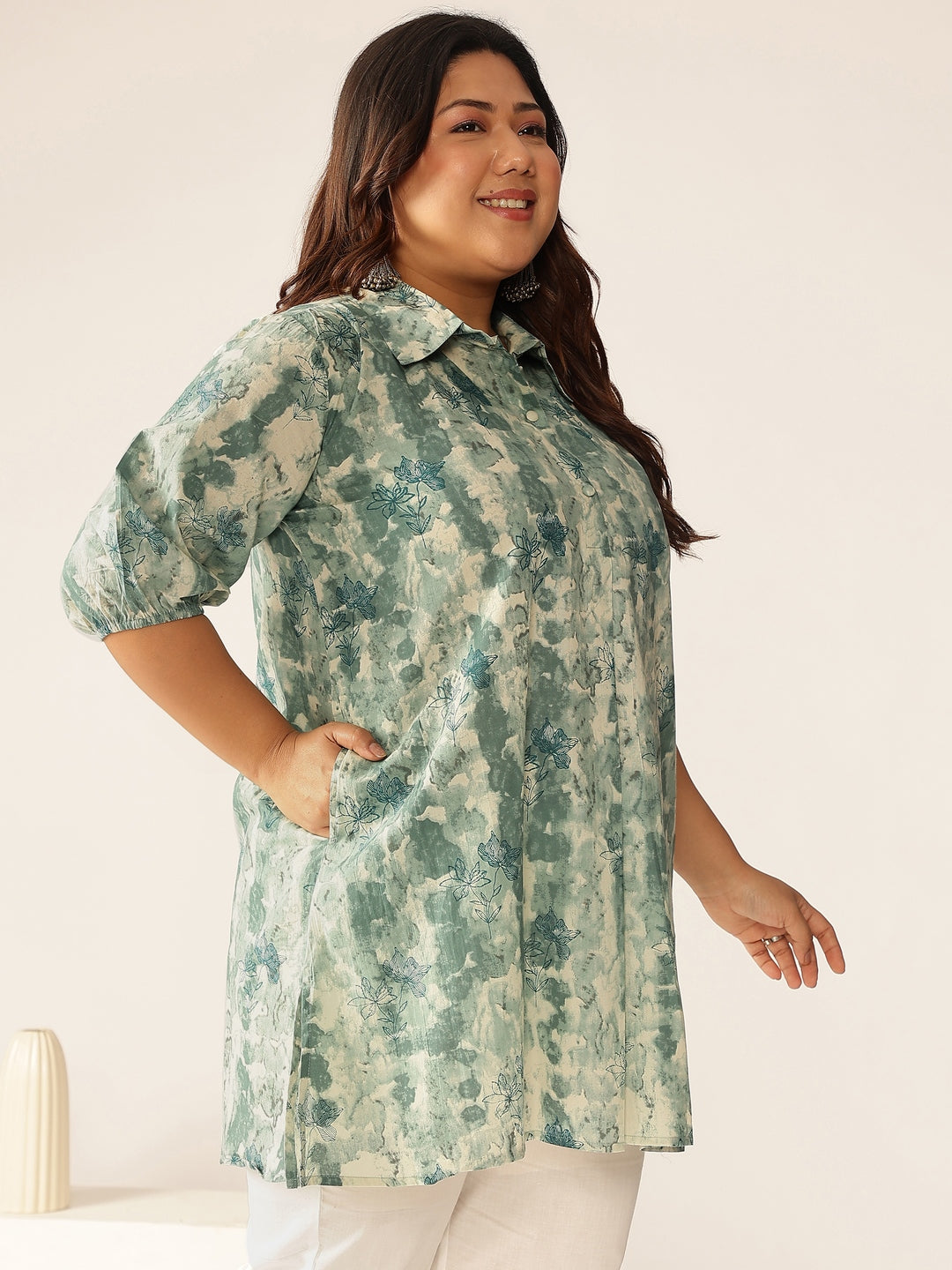 Plus Size Aqua Pure Cotton Tie & Dye A-line Tunic