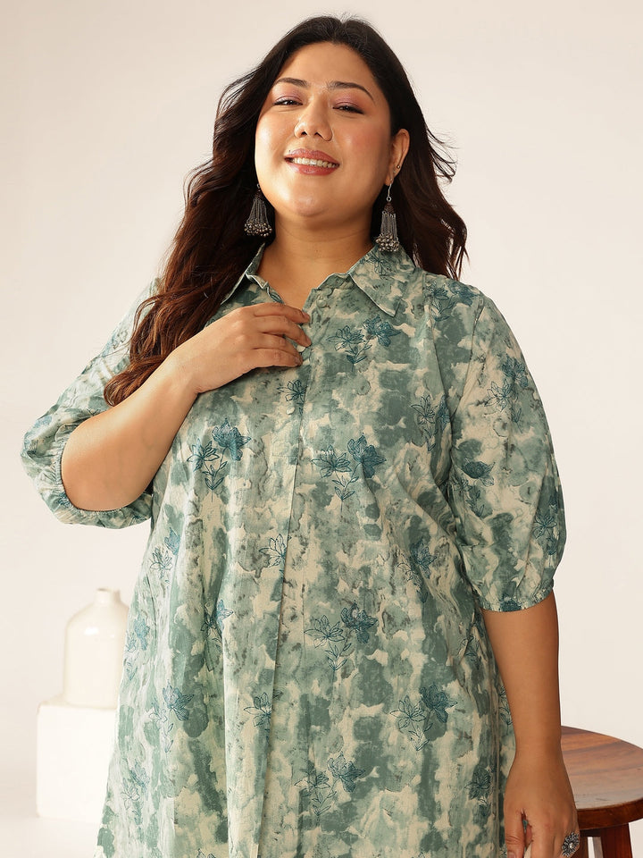 Plus Size Aqua Pure Cotton Tie & Dye A-line Tunic - qivii