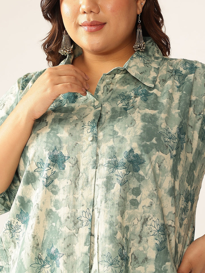 Plus Size Aqua Pure Cotton Tie & Dye A-line Tunic - qivii