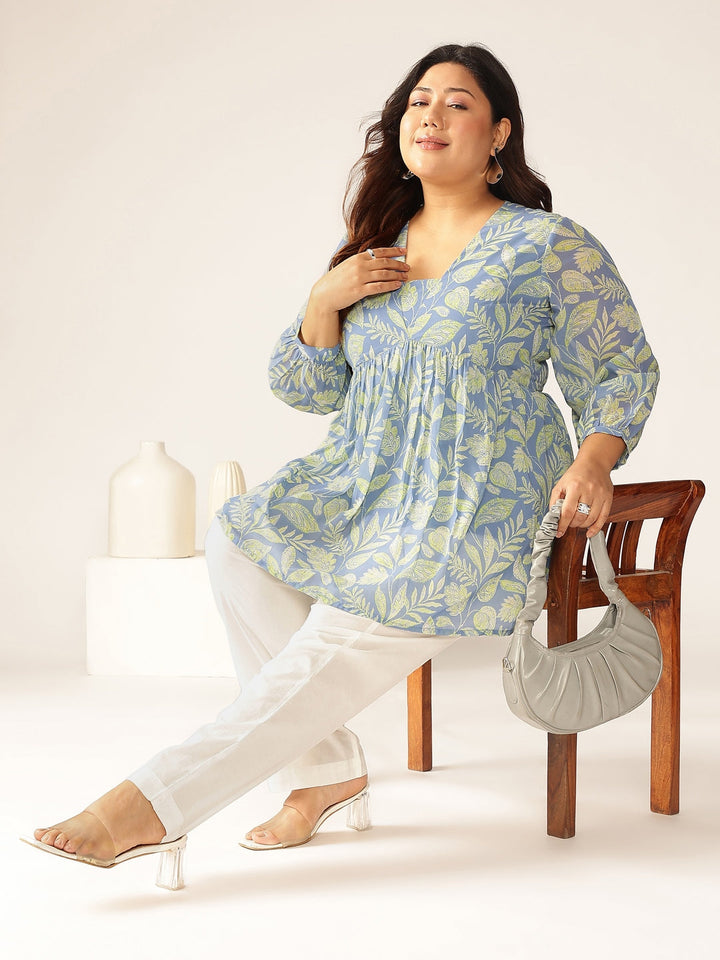 Plus Size Blue Georgette Tropical Printed A-line Tunic - qivii