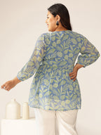 Plus Size Blue Georgette Tropical Printed A-line Tunic