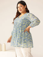 Plus Size Blue Georgette Tropical Printed A-line Tunic