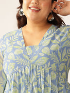 Plus Size Blue Georgette Tropical Printed A-line Tunic