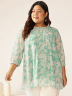 Plus Size Green Georgette Floral Printed A-line Tunic