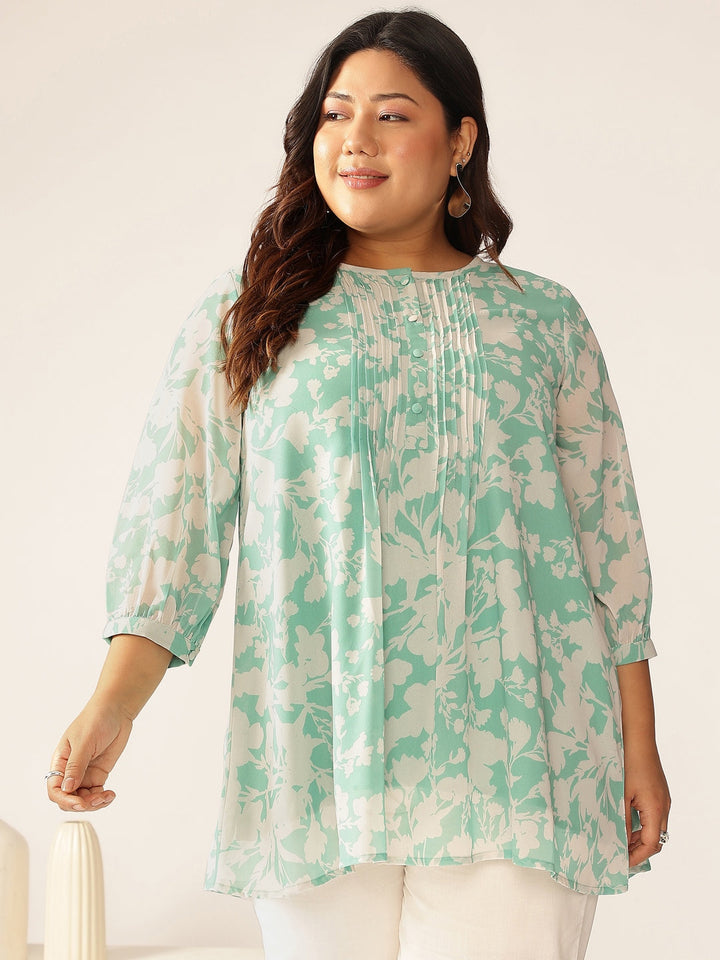 Plus Size Green Georgette Floral Printed A-line Tunic - qivii