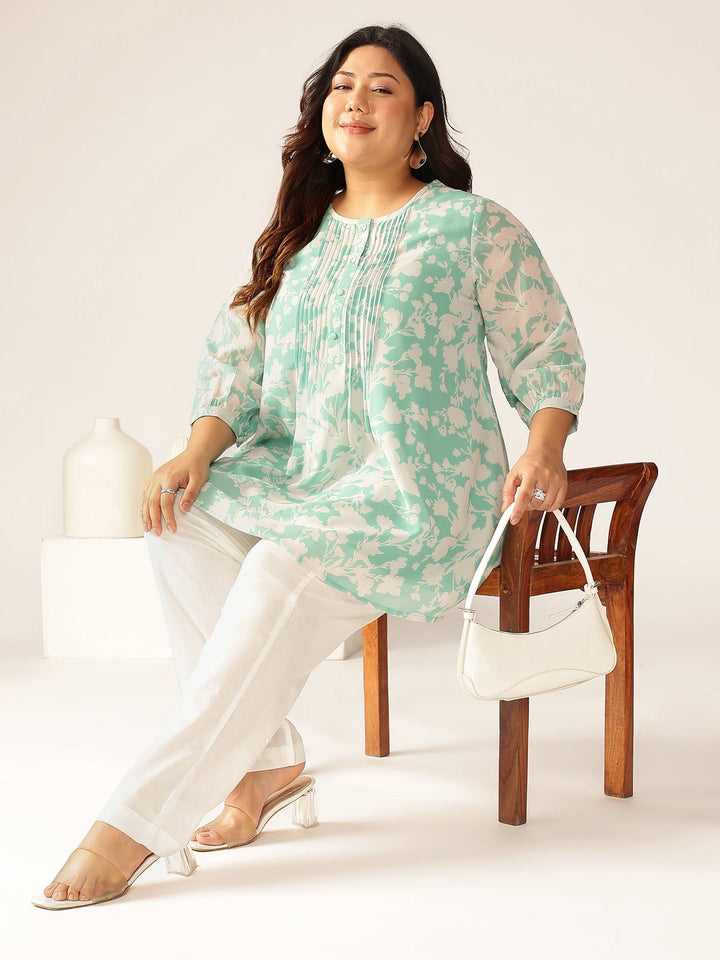 Plus Size Green Georgette Floral Printed A-line Tunic - qivii