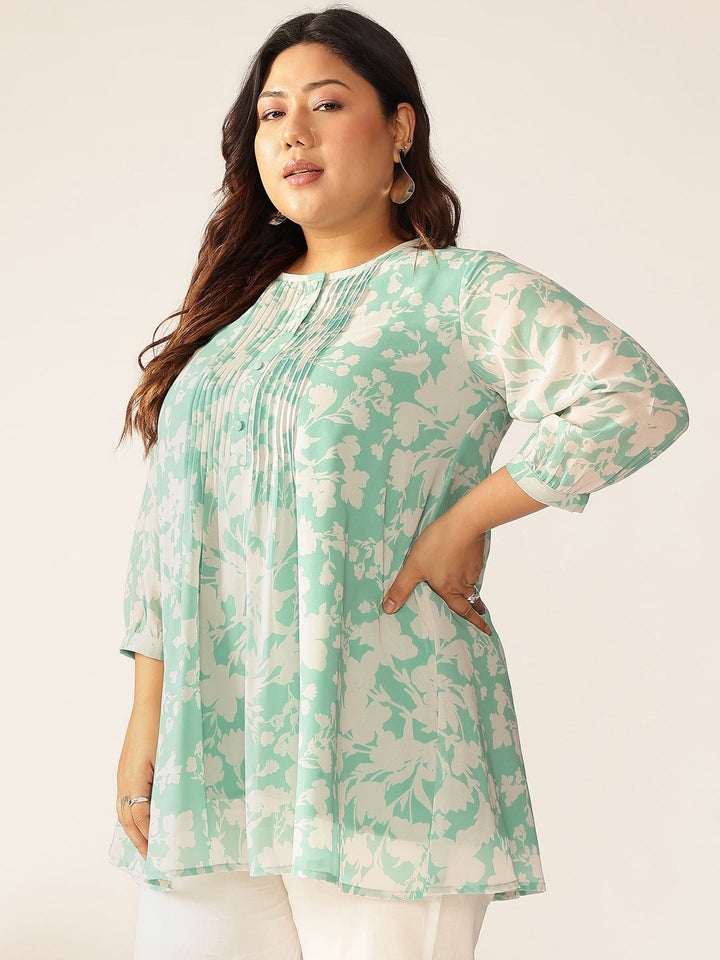 Plus Size Green Georgette Floral Printed A-line Tunic - qivii