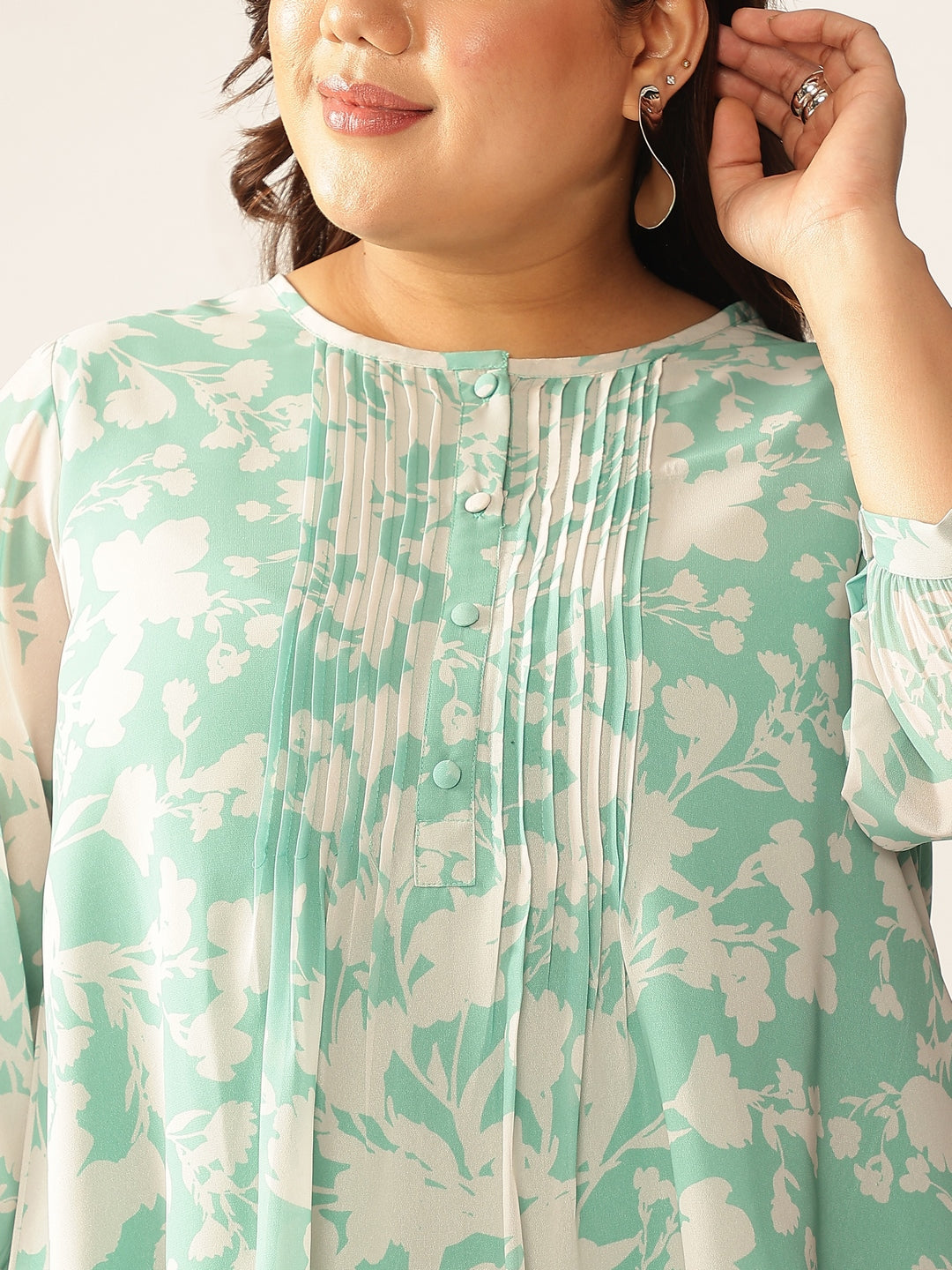 Plus Size Green Georgette Floral Printed A-line Tunic