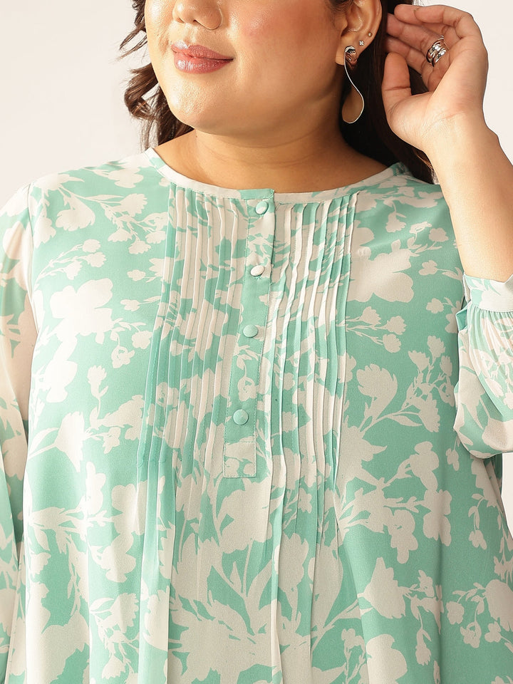 Plus Size Green Georgette Floral Printed A-line Tunic - qivii