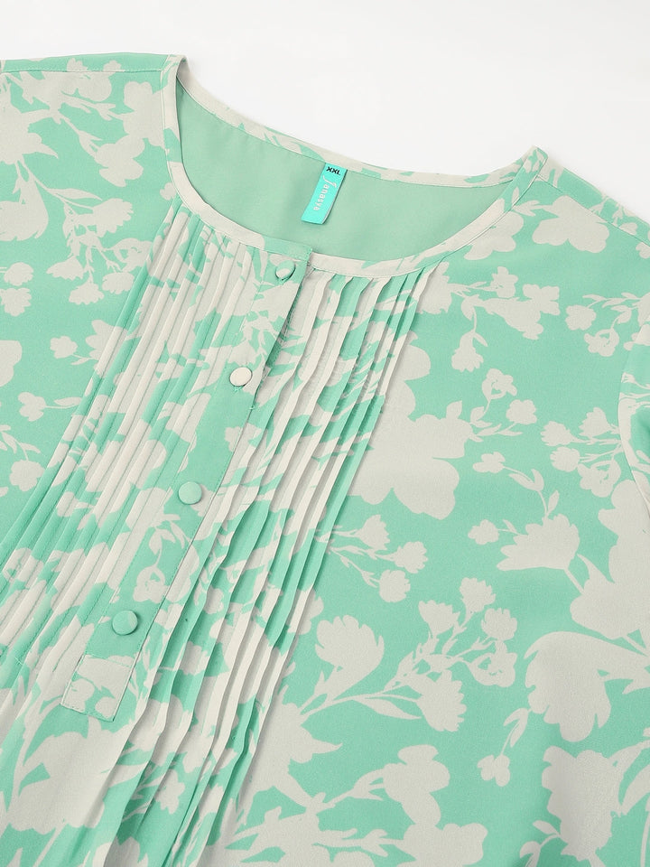 Plus Size Green Georgette Floral Printed A-line Tunic - qivii