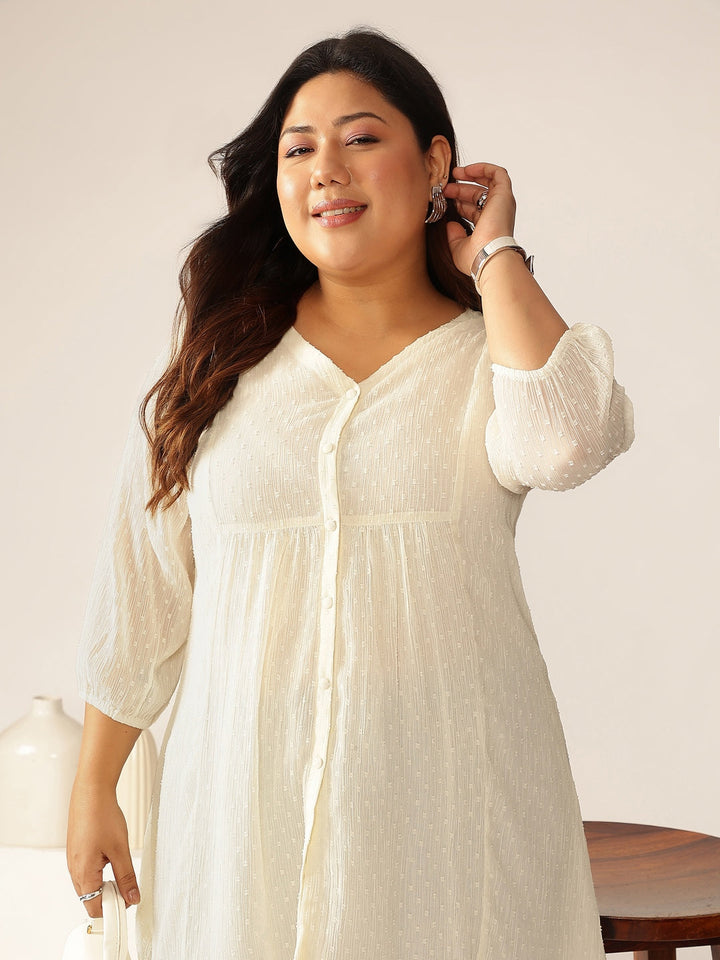 Janasya Women's Plus Size Off White Dobby Chiffon Self Design A-line Tunic - qivii