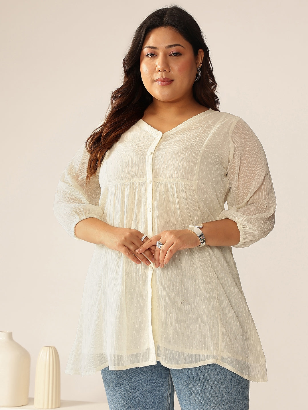 Janasya Women's Plus Size Off White Dobby Chiffon Self Design A-line Tunic - qivii