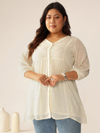 Janasya Women's Plus Size Off White Dobby Chiffon Self Design A-line Tunic