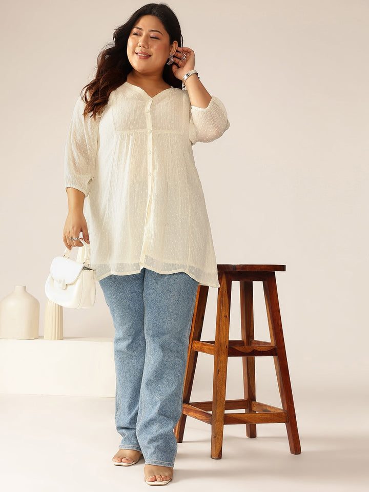Janasya Women's Plus Size Off White Dobby Chiffon Self Design A-line Tunic - qivii