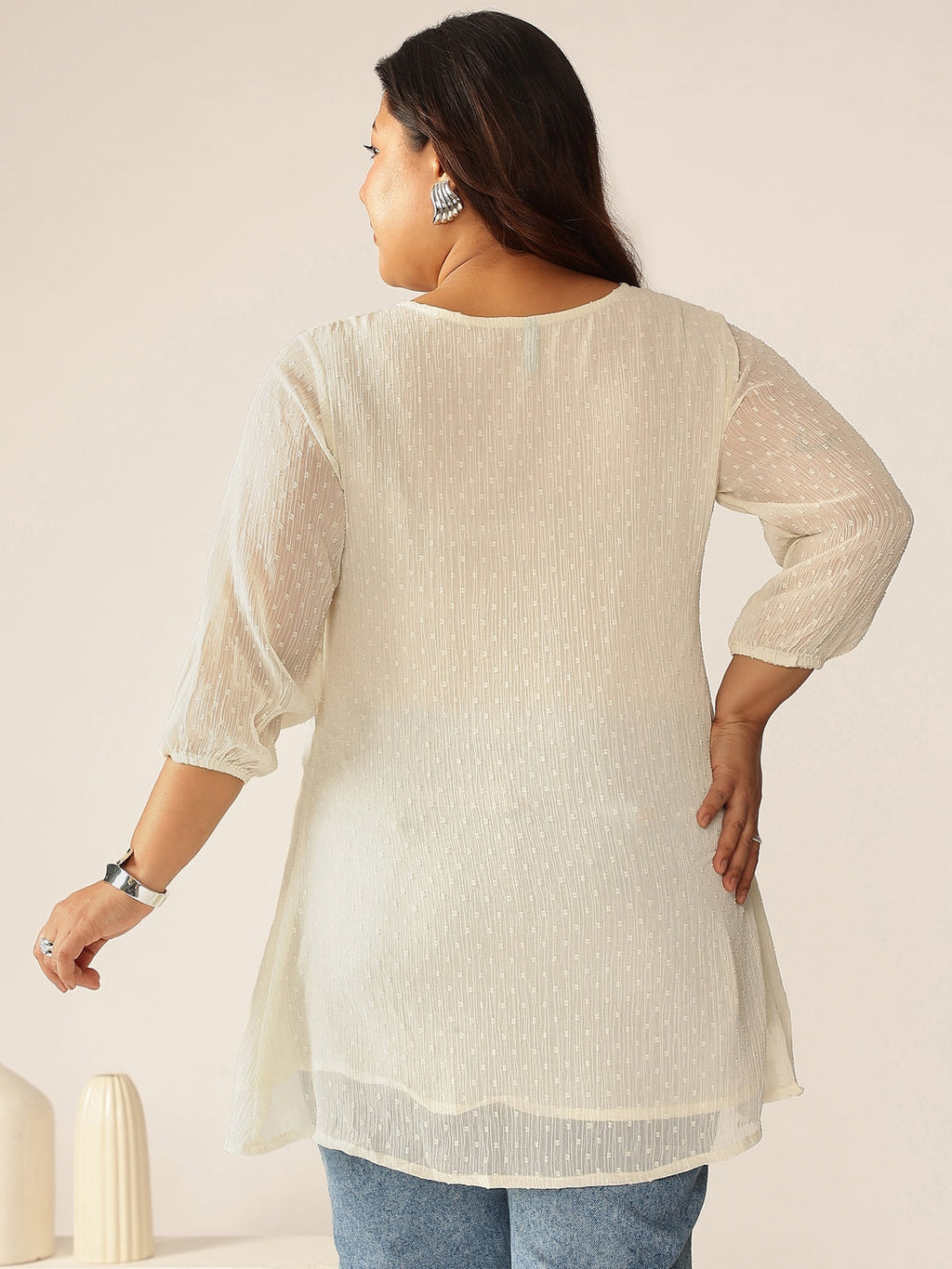 Janasya Women's Plus Size Off White Dobby Chiffon Self Design A-line Tunic