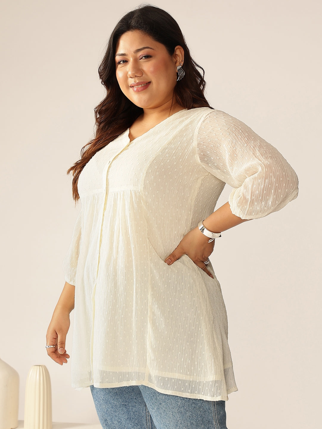 Janasya Women's Plus Size Off White Dobby Chiffon Self Design A-line Tunic - qivii