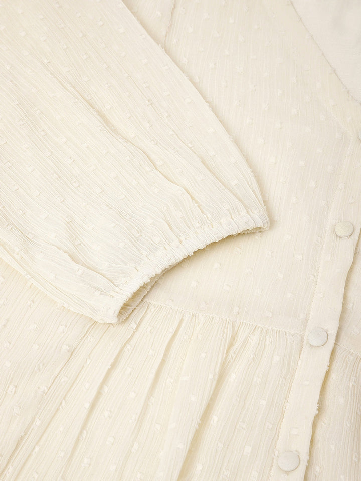 Janasya Women's Plus Size Off White Dobby Chiffon Self Design A-line Tunic - qivii