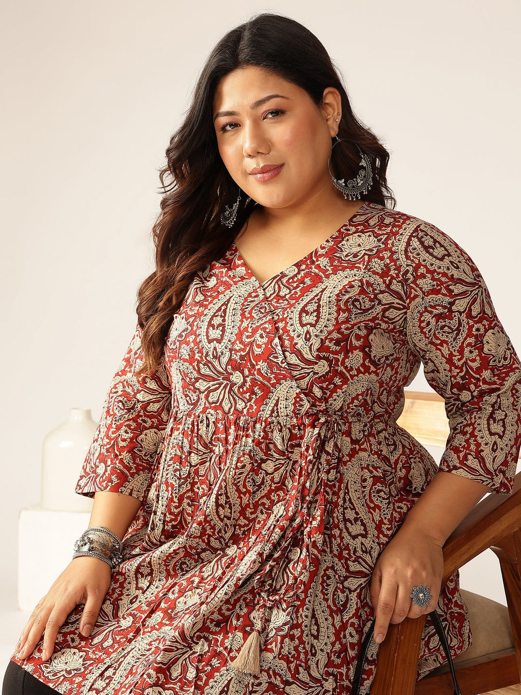 Plus Size Maroon Pure Cotton Paisley Printed Peplum Tunic