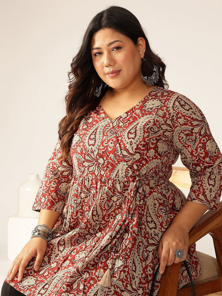 Plus Size Maroon Pure Cotton Paisley Printed Peplum Tunic - qivii