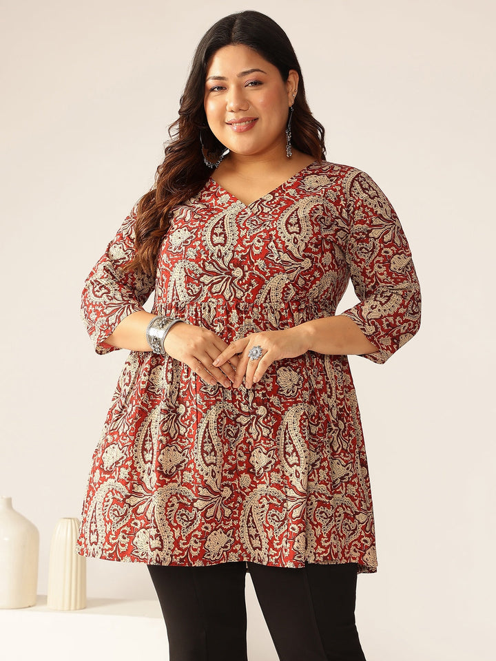 Plus Size Maroon Pure Cotton Paisley Printed Peplum Tunic - qivii