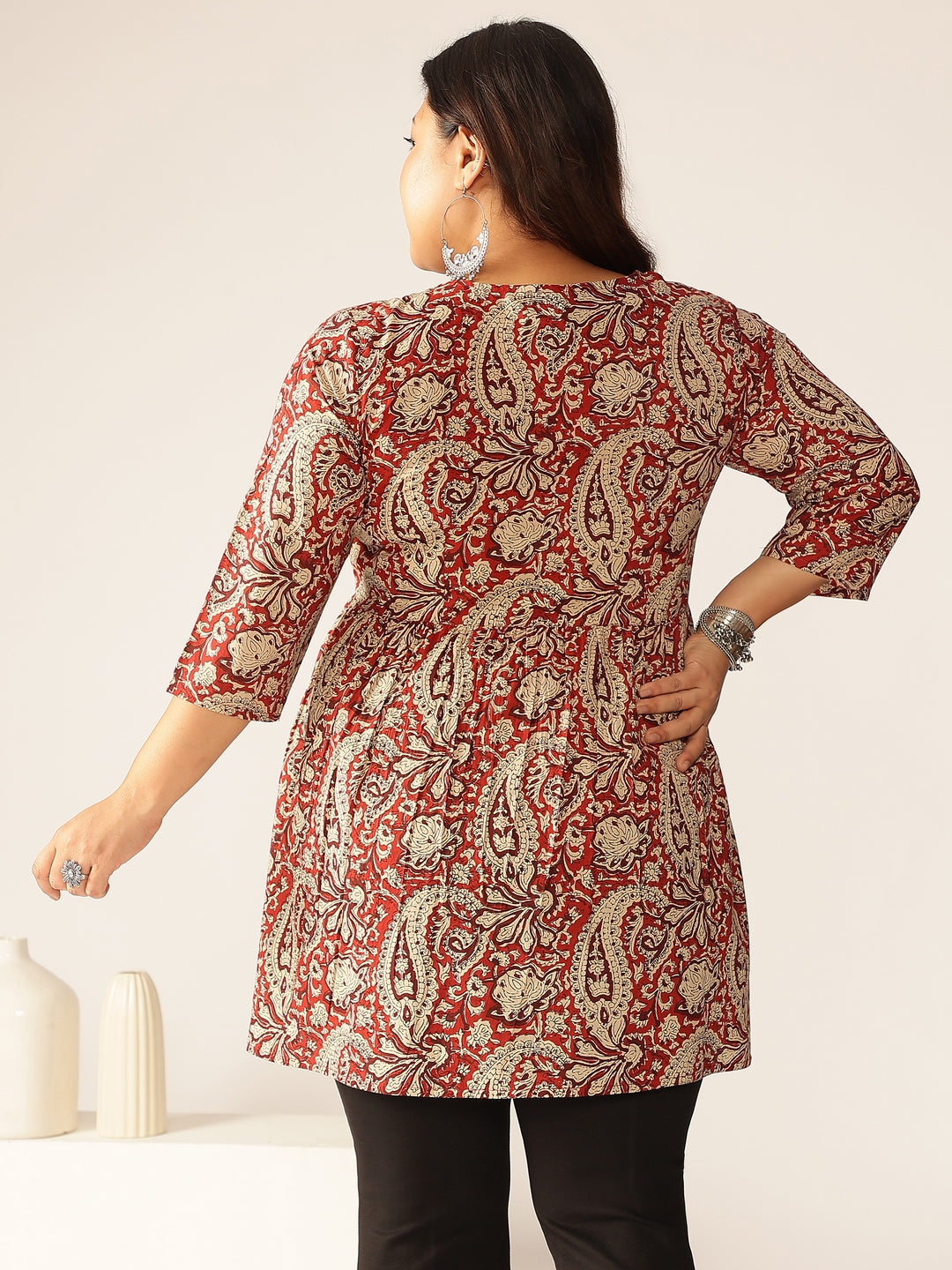 Plus Size Maroon Pure Cotton Paisley Printed Peplum Tunic - qivii