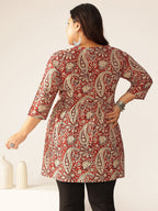 Plus Size Maroon Pure Cotton Paisley Printed Peplum Tunic