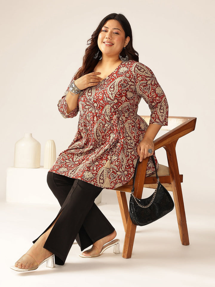 Plus Size Maroon Pure Cotton Paisley Printed Peplum Tunic - qivii