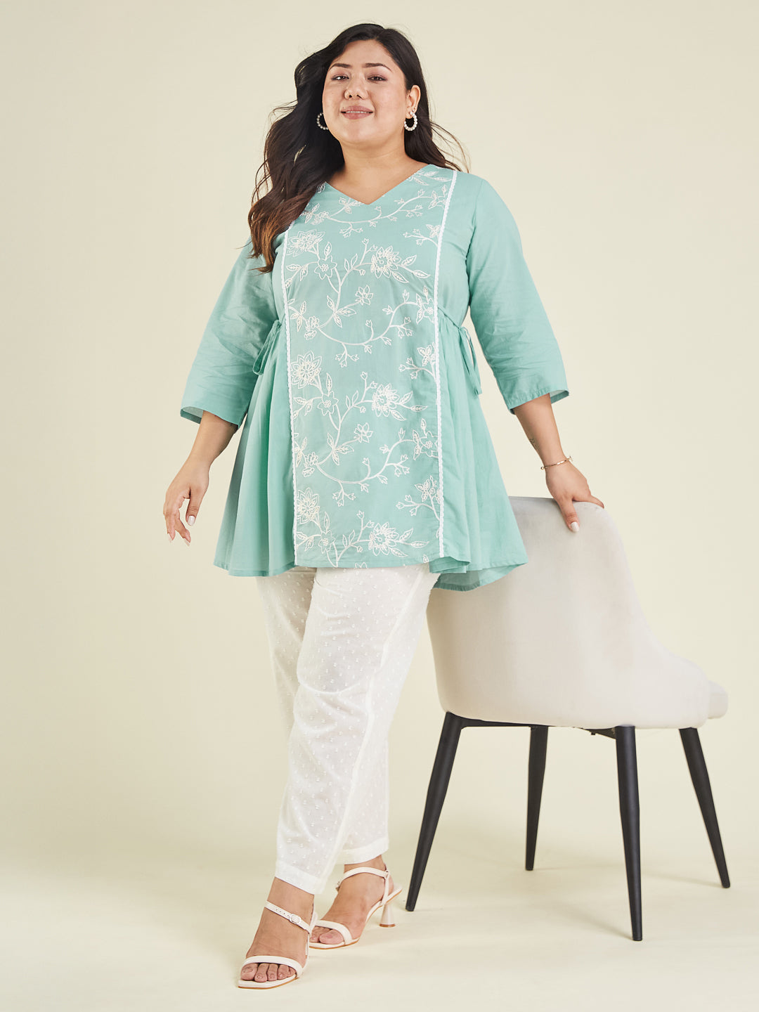 Janasya Women's Plus Size Light Blue Pure Cotton Embroidered A-line Tunic