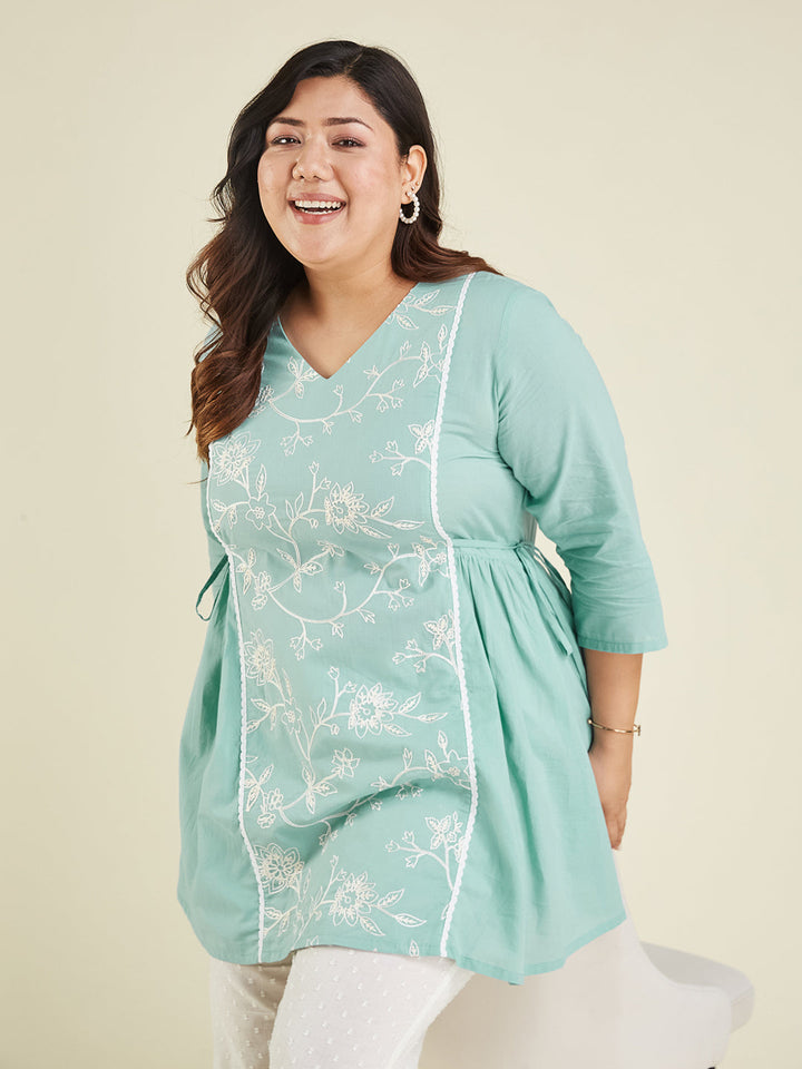 Janasya Women's Plus Size Light Blue Pure Cotton Embroidered A-line Tunic - qivii
