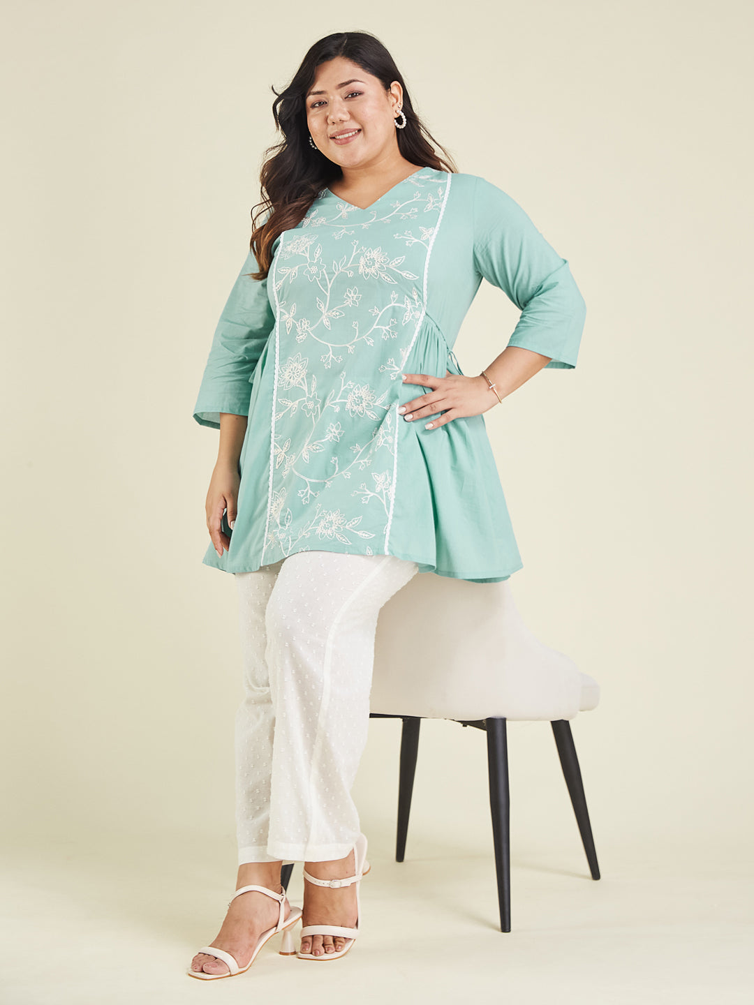Janasya Women's Plus Size Light Blue Pure Cotton Embroidered A-line Tunic