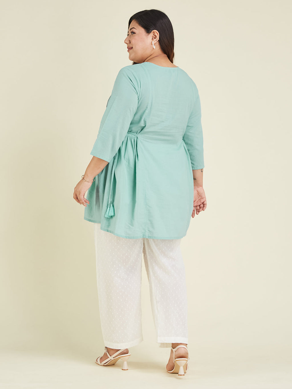 Janasya Women's Plus Size Light Blue Pure Cotton Embroidered A-line Tunic