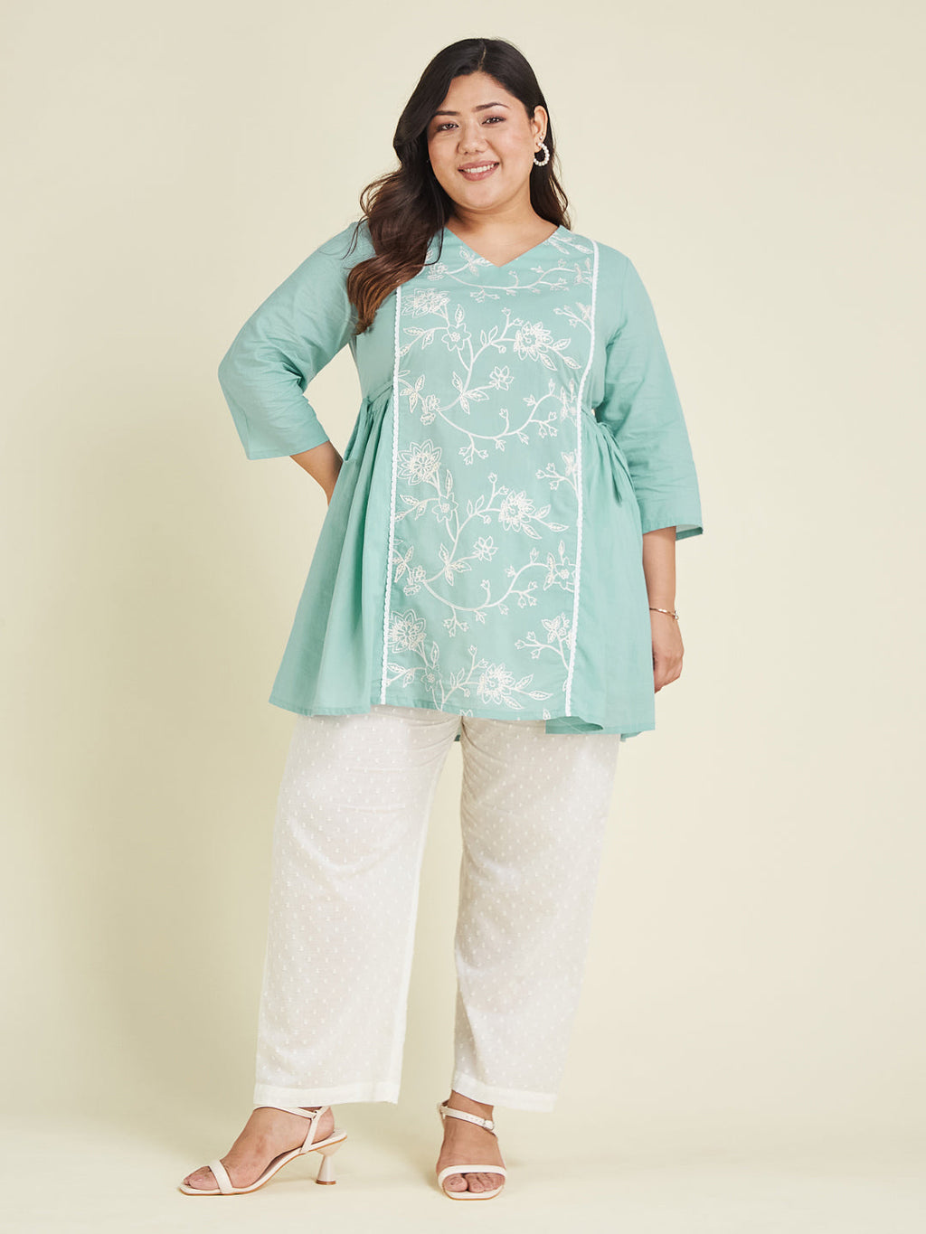 Janasya Women's Plus Size Light Blue Pure Cotton Embroidered A-line Tunic
