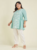 Janasya Women's Plus Size Light Blue Pure Cotton Embroidered A-line Tunic