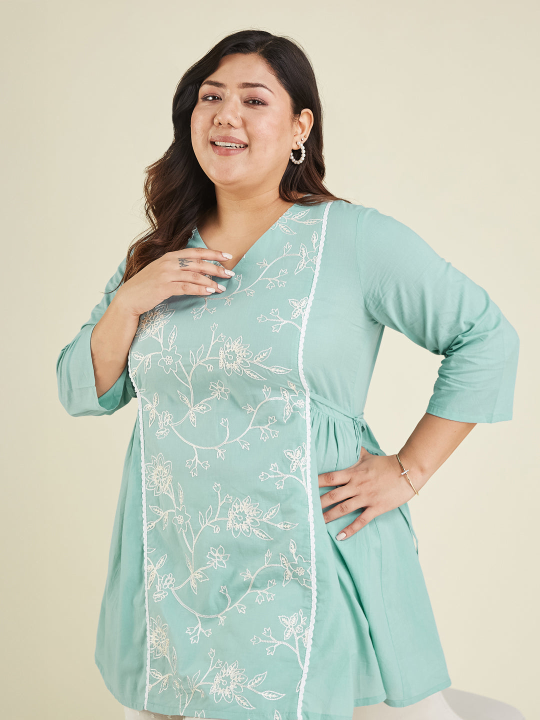 Janasya Women's Plus Size Light Blue Pure Cotton Embroidered A-line Tunic