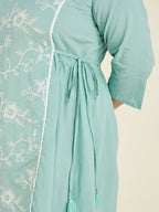 Janasya Women's Plus Size Light Blue Pure Cotton Embroidered A-line Tunic
