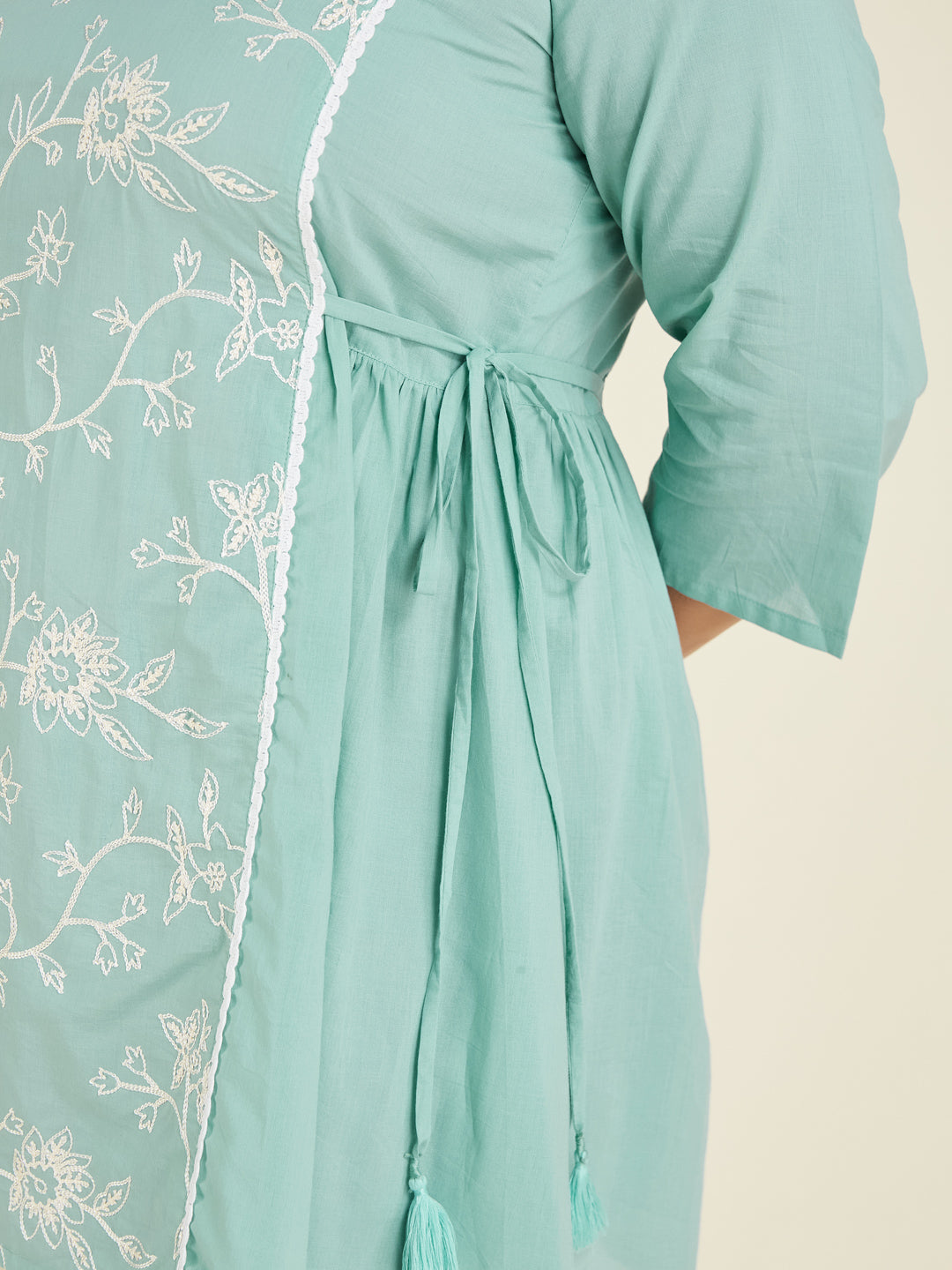 Janasya Women's Plus Size Light Blue Pure Cotton Embroidered A-line Tunic