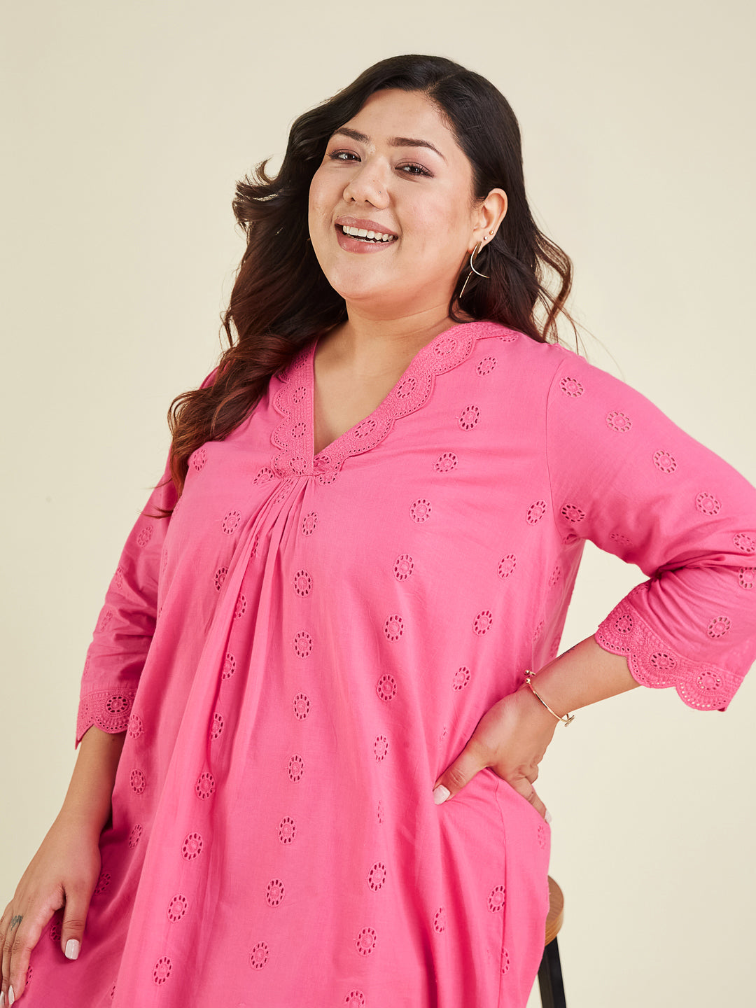 Janasya Women's Plus Size Pink Pure Cotton Schiffli A-line Tunic