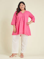 Janasya Women's Plus Size Pink Pure Cotton Schiffli A-line Tunic