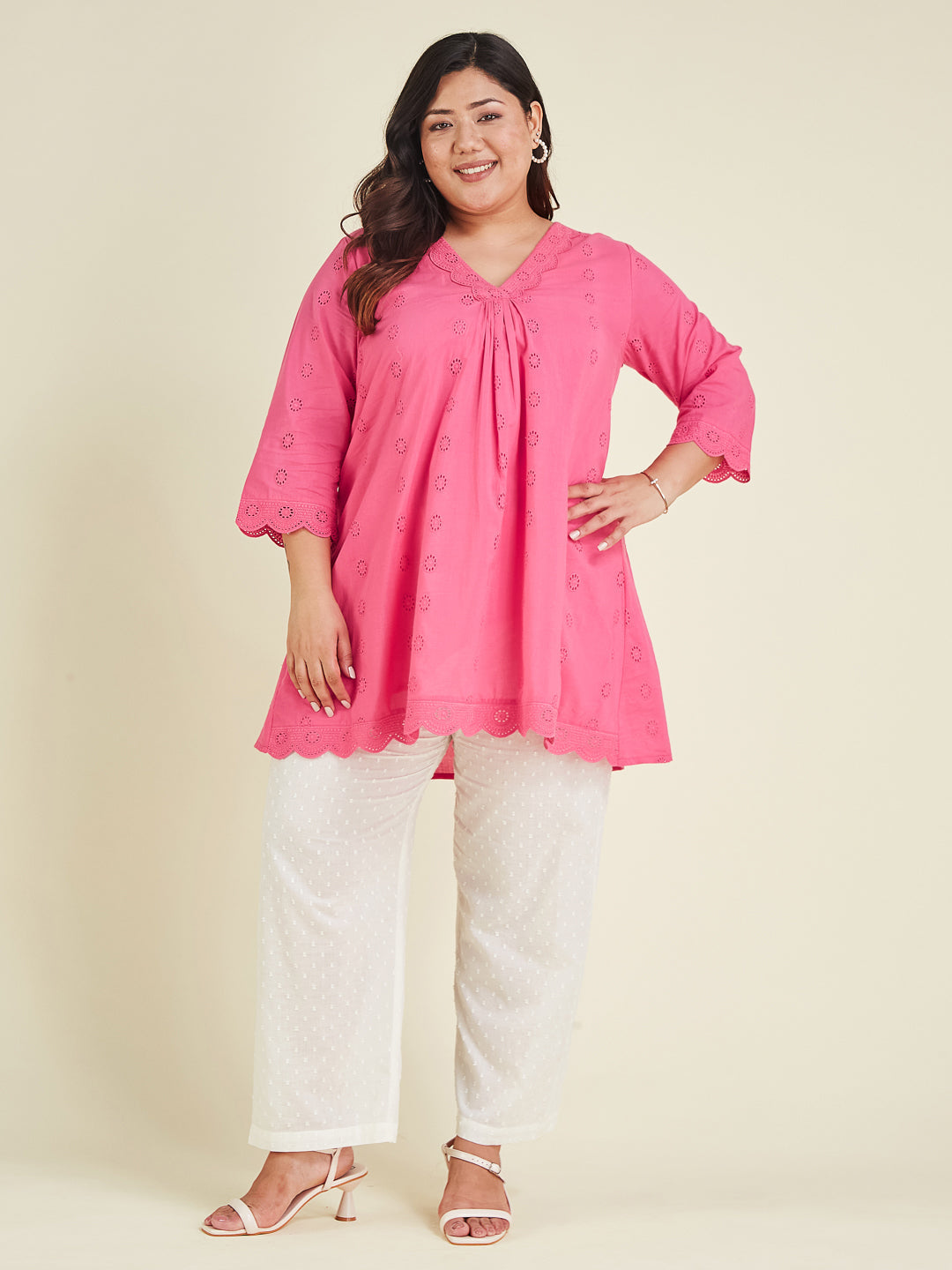 Janasya Women's Plus Size Pink Pure Cotton Schiffli A-line Tunic